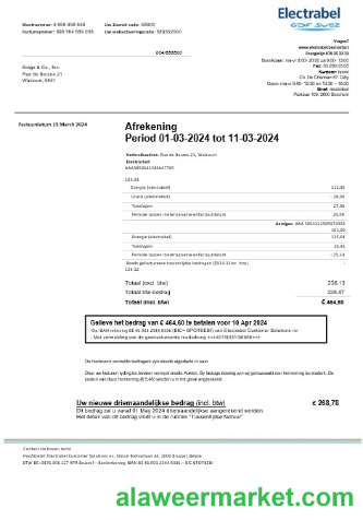 Belgium Electrabel electricity business utility bill template, fully editable in Word and PDF format